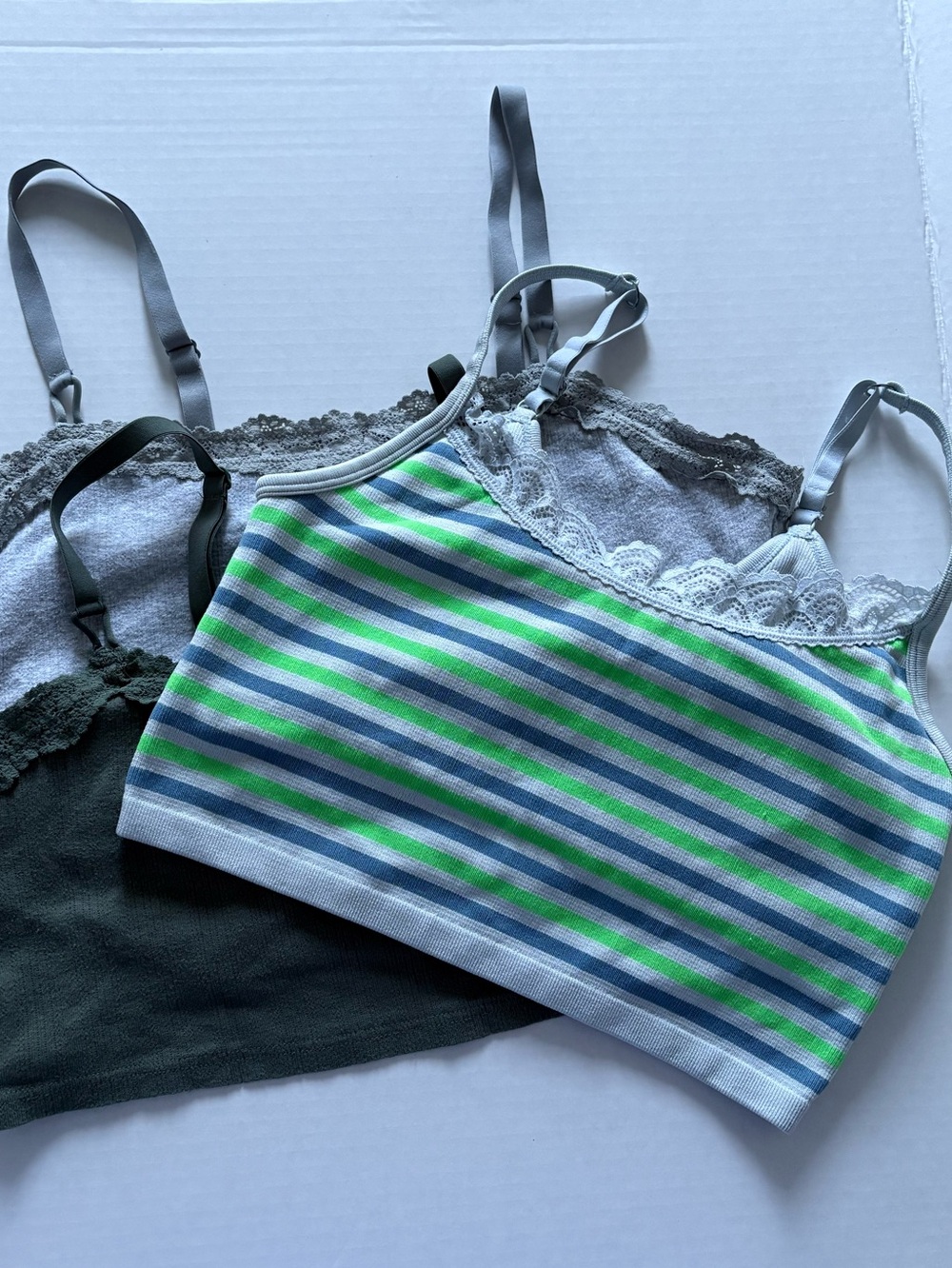 Aerie Lace Trim Bralette Lot of 3 Size L Ribbed Crop Cami Tops Grey Sage Stripe